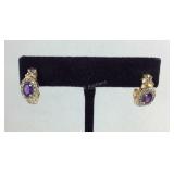 Amethyst & Genuine Diamond Halo Earrings Gold
