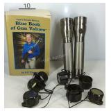 Blue book of gun values, two flashlights, and