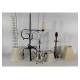 Three table lamps and shades, one with teapot