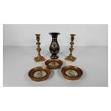 Brass candleholders and vase, plus three framed