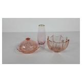 Pink glass, umbrella dish (missing handle),