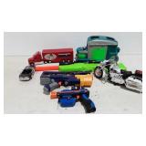 Toys, Nerf gun, cars, trucks, police motorcycle,