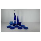 Cobalt blue glass group, wine bottles, shell