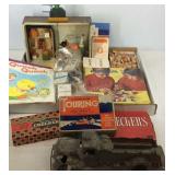 Older games and books, real cloth kids books,