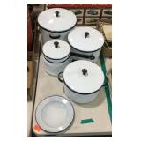 Black and white enamel pots and pans