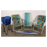 Beach fun group, three folding chairs, a cooler