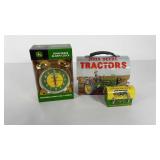 John Deere alarm clock in box and two lunch boxes