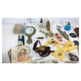 Trinkets, perfume bottle, makeup mirror, figures,