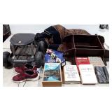 Books, sailor journal, wall shelf, bedspread,