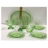 Green Depression glass three saucers, a few