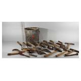 Tools, trowels, brick hammers, metal 5 gallon