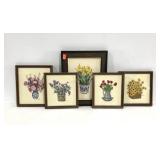 Five cross stitched floral pictures, all nicely