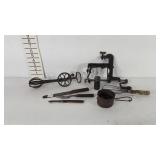 Vintage kitchenwares, apple peeler, whisk, hand