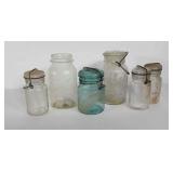 Six glass canning jars, various sizes,  four with