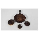 Cast iron, 6" skillet and three weights