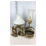 Brass decor, two bird bookends, handles bowl, and