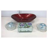 Glassware, pair of blue glass candle holders,