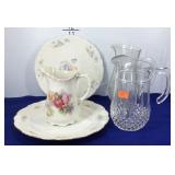 Glassware, two clear glass pitchers and China,