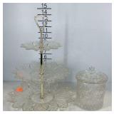 Glassware, three tiered snack stand and a candy