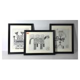 Three black and white prints, framed and matted,
