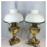 Two brass table lamps with glass shades