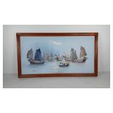 Chinese junk boats painting on canvas, signed,