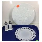 Milk glass:  Salt and pepper shakers, cake plate,