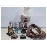 Figural lamp, horse collar, Ford wheel caps,