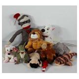 Stuffed animals, includes sock monkey, dogs,