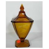 Amber glass covered candy dish, 9"