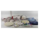 Party supplies, two lazy suzan cake stands, paper