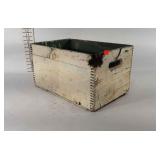 Painted wooden crate with damage, 19" × 12" × 11"