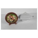 Relief standing plaque and ironstone covered dish