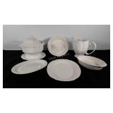Pfaltzgraff white tureen, pitcher, pie plate,
