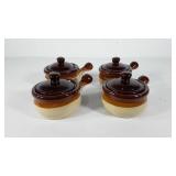 Four pottery lidded soup bowls with handles