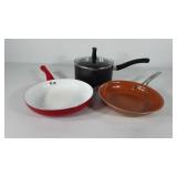 Cookware, two skillets and pot with lid