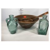 Wooden salad bowl set with utensils and four side