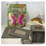 Home decor, two picture frames, tin butterfly,