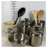 Kitchenware, stoneware crock utensils holder, two