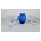 Glassware, cobalt blue vase and four glass