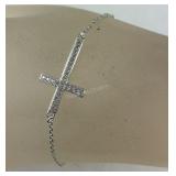Sterling silver CZ sideways cross bracelet 7in