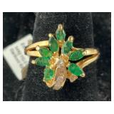 14k yellow gold, emerald, and diamond ring size