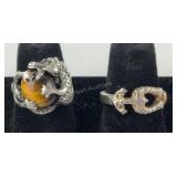 Two sterling rings, tigers eye dragon size 6 and