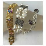 3 Bracelets: Pearl, Amethyst & Iridescent Stone,