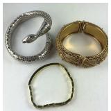 3 Bracelets: Snake Heads, CZ Bar, & Hinged