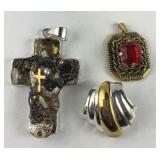 3 Pendants: Multi-Stone Cross, Man-Made Garnet &