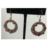 Vintage Garnet Fish Hook Earrings, Sterling