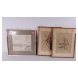 Three framed prints,  glass cracked as shown