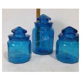 3 blue glass canister jars, smaller has chipped