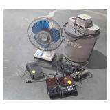 Fan and shop vacuum (power on, no hose), scanner,